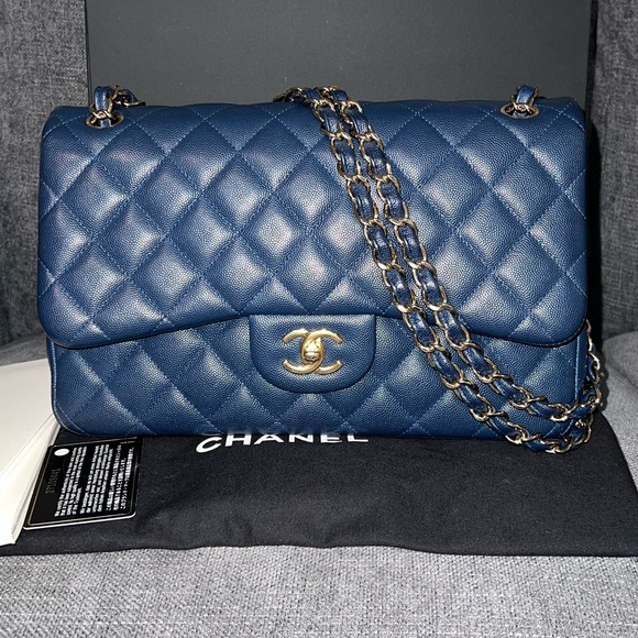 CHANEL classic double flap JUMBO caviar NAVY leather bag - Picture 2 of 16
